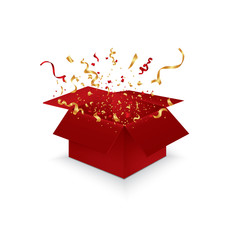 Opened 3d realistic gift box and confetti. Vector illustration.