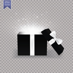 Opened gift box with white bow and abstract light. Vector illustration.