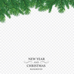 Background with vector christmas tree branches and space for text. Realistic fir-tree border, frame isolated on white. Great for christmas cards, banners, flyers, party posters