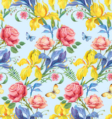 Roses, blue and yellow irises. Seamless background pattern version 3