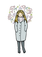 Girl in trendy style on white background. Fashion illustration. Girl in a coat, scarf and boots is listening to music. Cute cartoon character