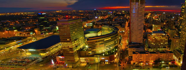Fototapeta na wymiar Aerial panoramic view Warsaw downtown by night, from the top Palace of Culture and Science, Warsaw, Poland