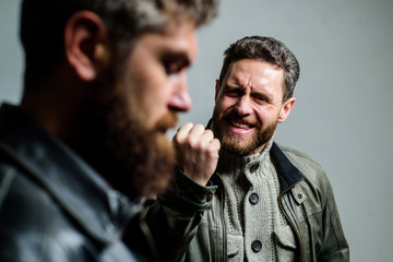 Obraz premium Feel guilty. Fail and misunderstanding. Men failed deal argue. Failure and disappointment. Disappointed partner argue. Showdown concept. Conflict and confrontation. Man argue while guy feel sorry