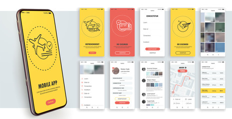 Design of the mobile application, UI, UX. A set of GUI screens with login and password input. Travel and ticketing , rating and statistics settings and payment screens. - obrazy, fototapety, plakaty