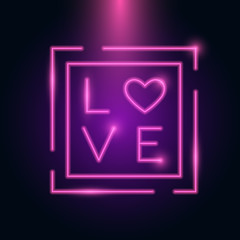 Love Letter Heart Neon Frame Glow in the dark. Valentines day 14 February International Celebrations Template. Vector.