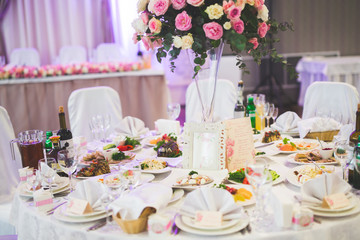 Interior of a restaurant prepared for wedding ceremony