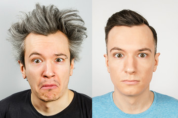 two young men: on the left before the haircut with long gray hair, untidy, overgrown, on the right trimmed well-groomed guy with a stylish haircut. Concept with real photos