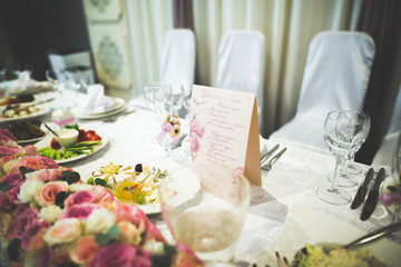 Interior of a restaurant prepared for wedding ceremony