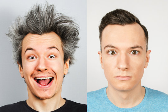 two young men: on the left before the haircut with long gray hair, untidy, overgrown, on the right trimmed well-groomed guy with a stylish haircut. Concept with real photos