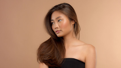 thai asian model with ideal straight hair with face turned to the left
