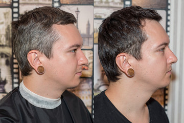 Fototapeta premium two guys before after at the barbershop: one with gray hair, the other dyed, he has black hair. Concept for beauty salons