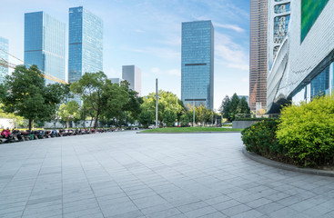 Panoramic skyline and buildings with empty concrete square floor,Qianjiang New Town,hangzhou,china