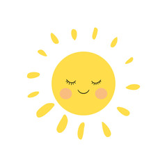 Cute sleeping and smiling little sun character with pink cheeks and funny lashes. Simple 