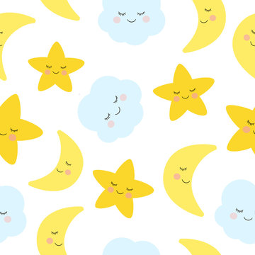 Cute sleeping and smiling little star, moon, and seamless pattern. 