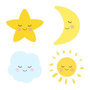Cute sleeping and smiling little star, moon, cloud and sun. Adorable childish art.