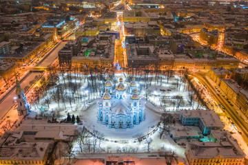 Fototapeta na wymiar Petersburg. Nicholas the Epiphany Cathedral. Evening city of St. Petersburg. Panorama of the city. Russia. Saint Petersburg aerial view drone