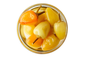 Pickled preserved bell peppers in glass bowl isolated on white background