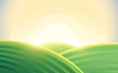 Obraz premium Morning rural landscape sunrise over hills in cartoon style.