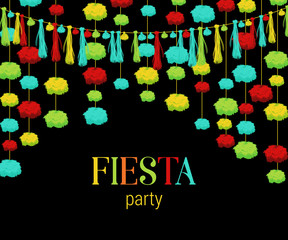 Fototapeta na wymiar Fiesta party. Festive background with paper pompons and tassels garland. Design template for invitation, greeting card, banner, print. Colorful decorations. Vector illustration
