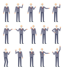 Set of old businessman characters showing various hand gestures. Old man in suit pointing, greeting, showing thumb up, stop sign and other gestures. Flat design vector illustration