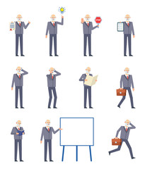 Set of old businessman characters showing various actions. Old man pointing to idea, holding stop sign, reading book, talking on phone and showing other actions. Flat design vector illustration