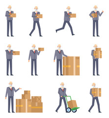 Set of old man characters posing with various parcel boxes. Old businessman holding box, running, walking and showing other actions. Flat design vector illustration