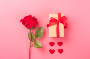 Giving present and celebration concept at Valentine's day, anniversary, mother's day and birthday surprise on pink background, copyspace, topview