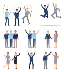 Fototapeta na wymiar Set of man and woman characters showing different success actions, celebration. Group of people celebrating, victory, win, joy. Flat style vector illustration
