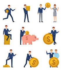 Set of businessman characters posing with coins. Businessman holding giant coin, running, putting money into piggy bank and showing other actions. Flat style vector illustration