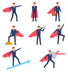 Fototapeta na wymiar Set of businessman characters showing different super hero poses, actions. Businessman wears super hero cloak and holds spyglass, shield and shows other actions. Flat style vector illustration