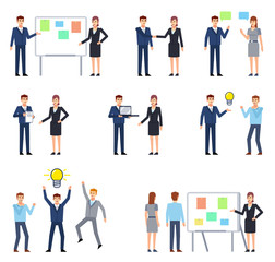 Fototapeta na wymiar Big set of people showing different interactions within company. Man and woman talking, pointing to chalkboard, showing presentation, communication and other situations. Flat style vector illustration