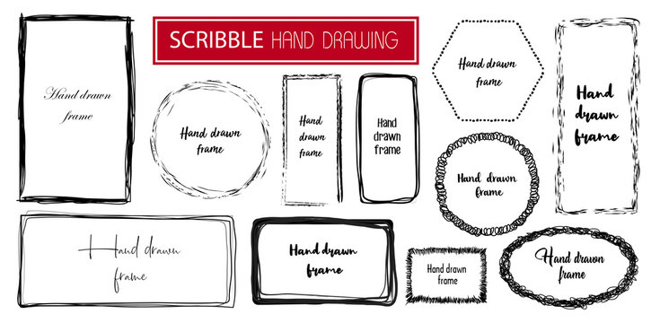 Set Hand drawn scribble frame isolated on white. Doodle frames style sketches. Shaded and hatched badges. Monochrome vector design elements. 