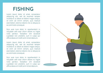 Fototapeta premium Fisherman Near Ice Hole Winter Fishing Poster