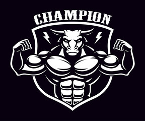 Black and white badge of a bull bodybuilder .