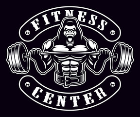 Black and white badge of a gorilla bodybuilder with barbell © Harry Kasyanov