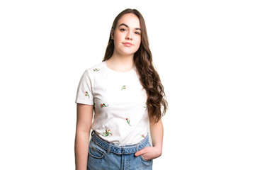 Obraz premium Portrait of a charming brunette little girl on white background