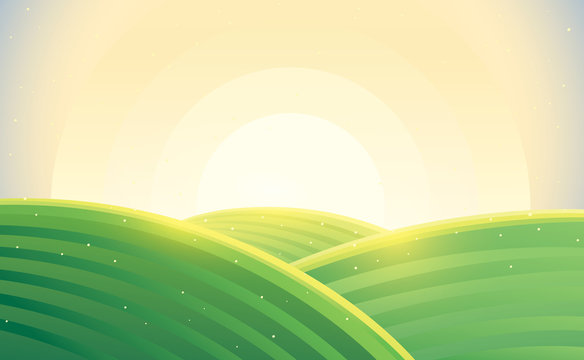 Morning rural landscape sunrise over hills in cartoon style. Vector illustration.