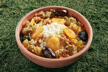 Beautiful Serving Vintage Ceramic Bowl of Turshu with Rice, Lamb Meat