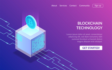 Cryptocurrency and Blockchain concept. Farm for mining bitcoins. Digital money market, investment, finance and trading. Perfect for web design, banner and presentation. Isometric vector illustration.