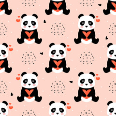 Panda with hearts, seamless pattern, animal icon, happy in love, cartoon vector