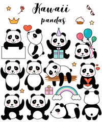 Set of pandas, different  cartoon pandas, kawaii vector illustration, isolated on white background