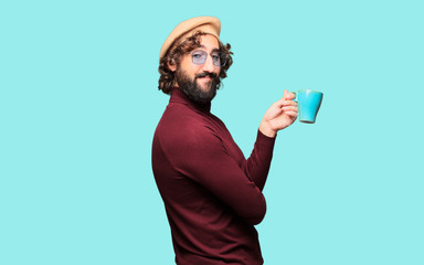 French artist with a beret holding a coffee