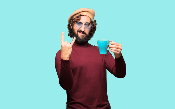 French artist with a beret holding a coffee