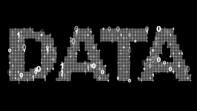 The word DATA as a grid or matrix with binary code.  Ones and zeroes on top of a pixellated version of the word data.