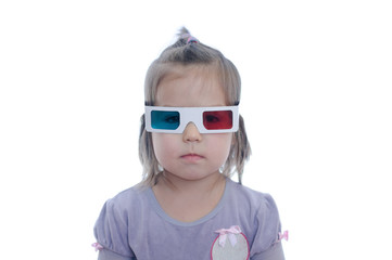 little baby girl in 3D anaglyph cinema glasses for stereo image system with polarization. 3D...