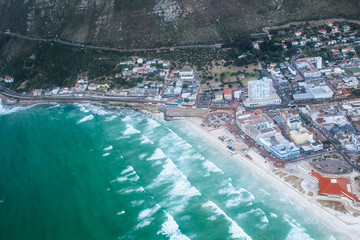 Fototapeta na wymiar Aerial view of the beach wand Atlantic Ocean at Fish Hoek on the cape peninsula, Cape Town, South Africa