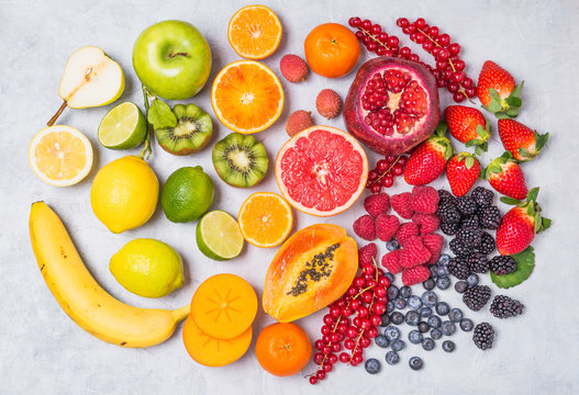 Fruits And Berries Rainbow Top View.Natural Vitamins And Antioxidants Food Concept.