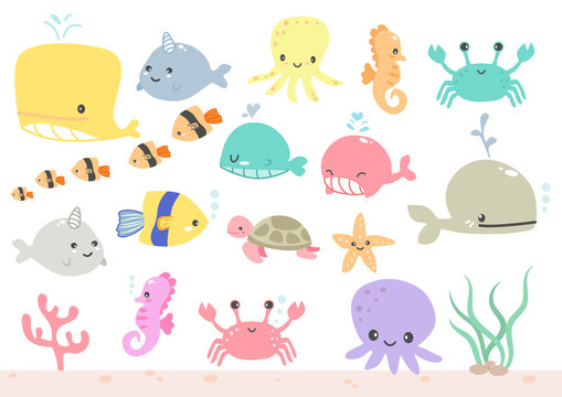 Cute vector of sea circle set icons or aquarium animals set icon kawaii cartoon design vector