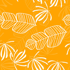 Fototapeta na wymiar Tropical pattern with white leaves of monstera, banana and palm trees on a yellow background. Exotic seamless pattern.