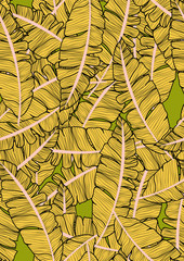 Exotic seamless pattern with banana leaves of sand color on a green background. Floral background with yellow tropical leaves.